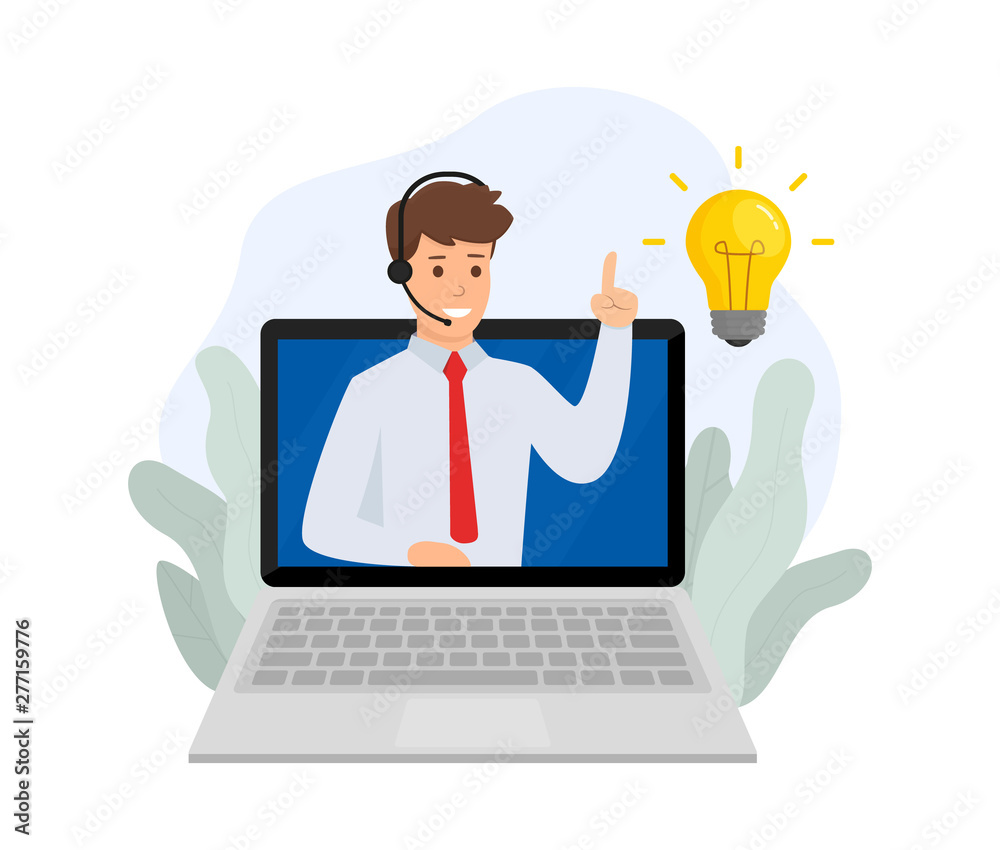 Customer service. Man hotline operator advises client. Online support 24-7. Vector illustration design. EPS 10. Customer service. Man hotline operator advises client. Online support 24-7. Vector illustration design. EPS 10.
