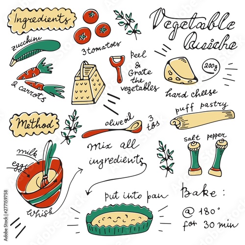 Vegetable quiche recipe card. Illustration of vegetable quiche recipe