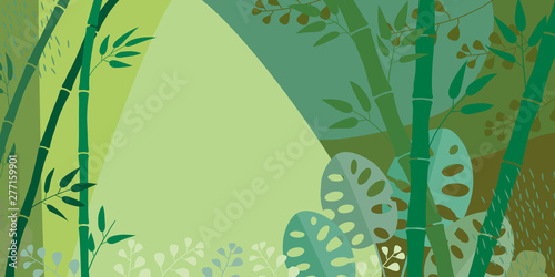 Horizontal background with tropical foliage, monster, bamboo, place for text. Abstract exotic jungle. Flyer template, advertising illustration, cover. Vector