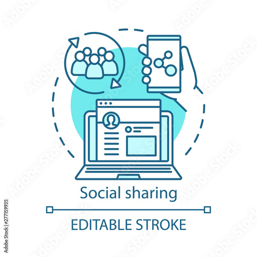 Social sharing concept icon. Referral marketing search idea thin line illustration. Customer feedback online. Smm, social networking, contact sharing. Vector isolated outline drawing. Editable stroke