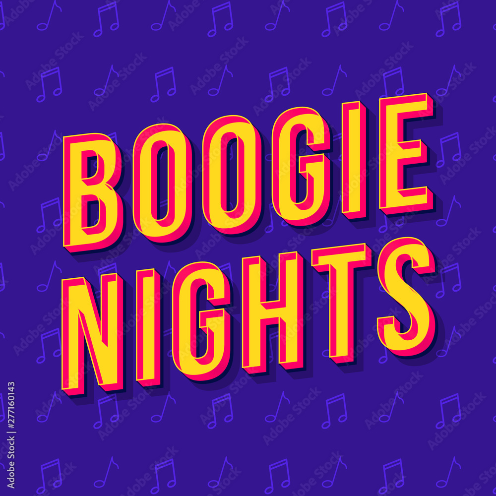 Boogie nights vintage 3d vector lettering. Retro bold font, typeface. Pop art stylized text. Old school style letters. 90s, 80s poster, banner, t shirt typography design. Purple color background