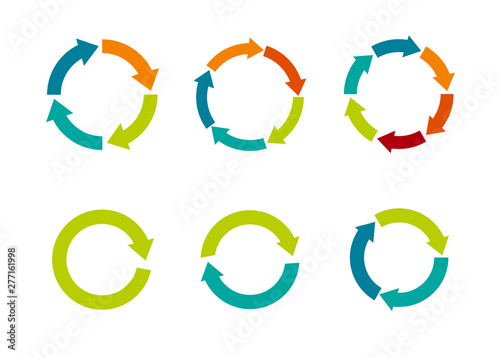 Multicolored arrows in circular motion. Arrow combinations. Rotation arrows. Circle arrow icon. Recycling flat design vector icons set. Recycle icon vector illustration isolated on white background