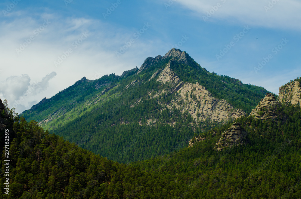 Beautiful mountain Slope peak with rocks and pine forest