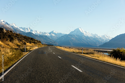 Driving to snow covered Mt. Cook / Aoraki in New Zealand's South Island