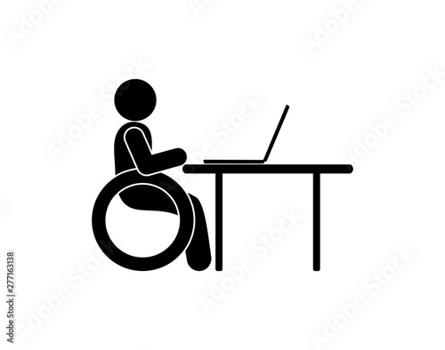 employment of people with disabilities icon, illustration of a person in a wheelchair working at a computer, stick figure isolated pictogram