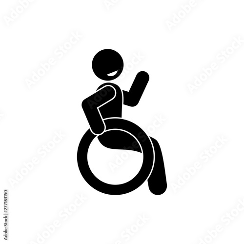 happy disabled icon, stick figure man sitting in a wheelchair, isolated pictogram