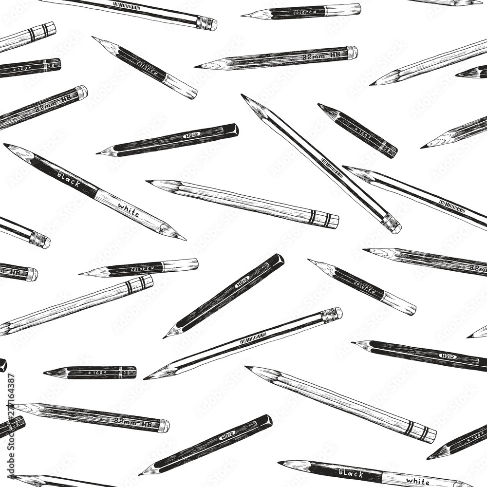 Seamless pattern with hand drawn pencils. Vector illustration in vintage style on white background. Seamless pattern with hand drawn pencils. Vector illustration in vintage style on white background.