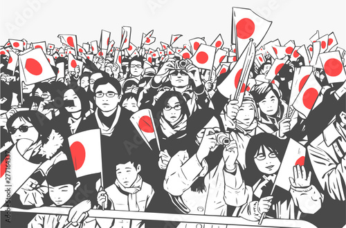 Illustration of Japanese crowd waving flags at golden week celebration