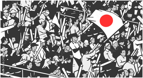 Illustration of arena stadium crowd at sports event waving Japanese flag