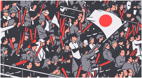 Illustration of arena stadium crowd at sports event waving Japanese flag