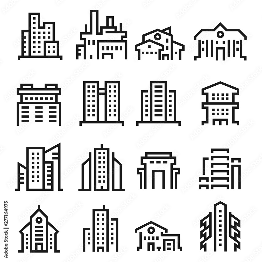 Simple city buildings line icons