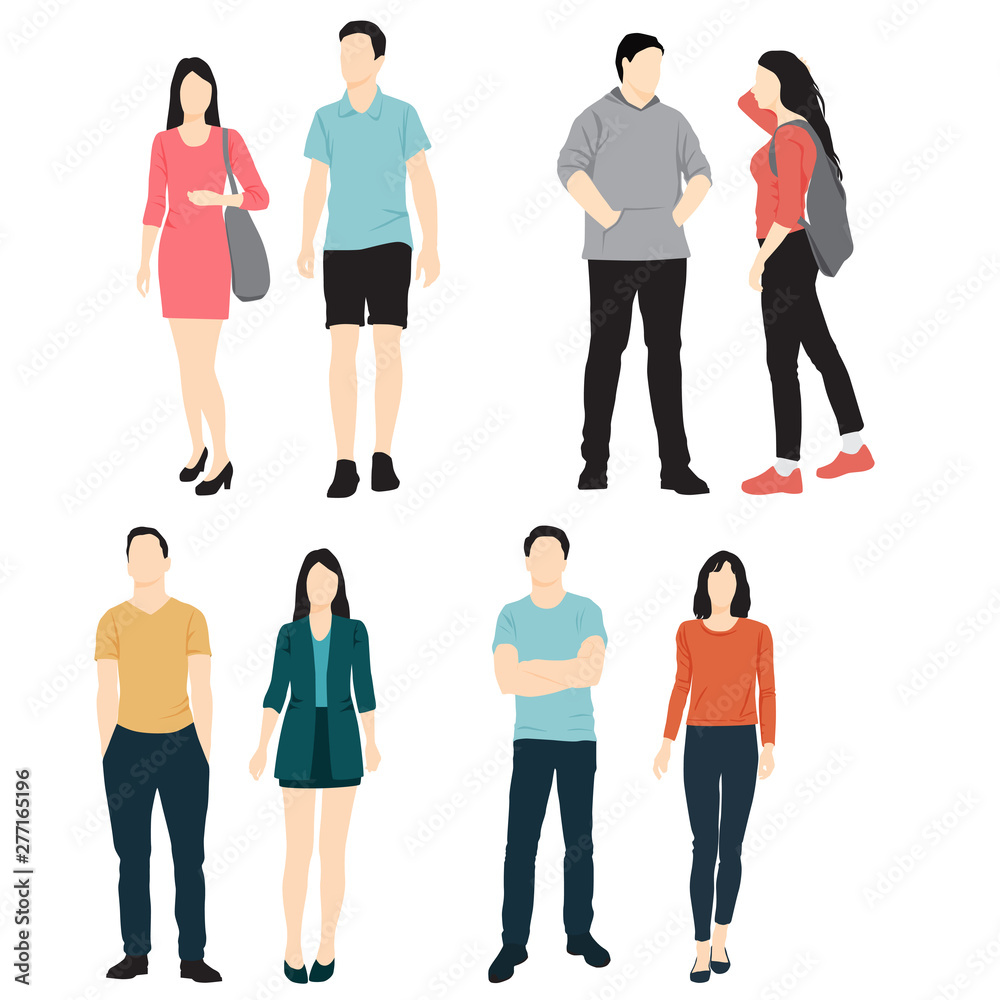 Obraz premium Set of silhouettes of men and women standing and walking in different poses, cartoon character, group business people, vector illustration, flat designe icon, isolated on white background