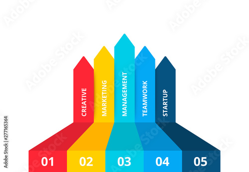 Slide with five arrows. Concept of business process with 5 options. Flat vector illustration for data visualization and analysis. Modern infographic design template.