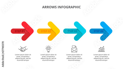 Slide with four arrows. Concept of business process with 4 options. Flat vector illustration for data visualization and analysis. Modern infographic design template.