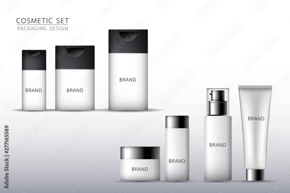 3D product mock up design. Skin care cosmetic set. Silver and white vector illustration EPS 10.