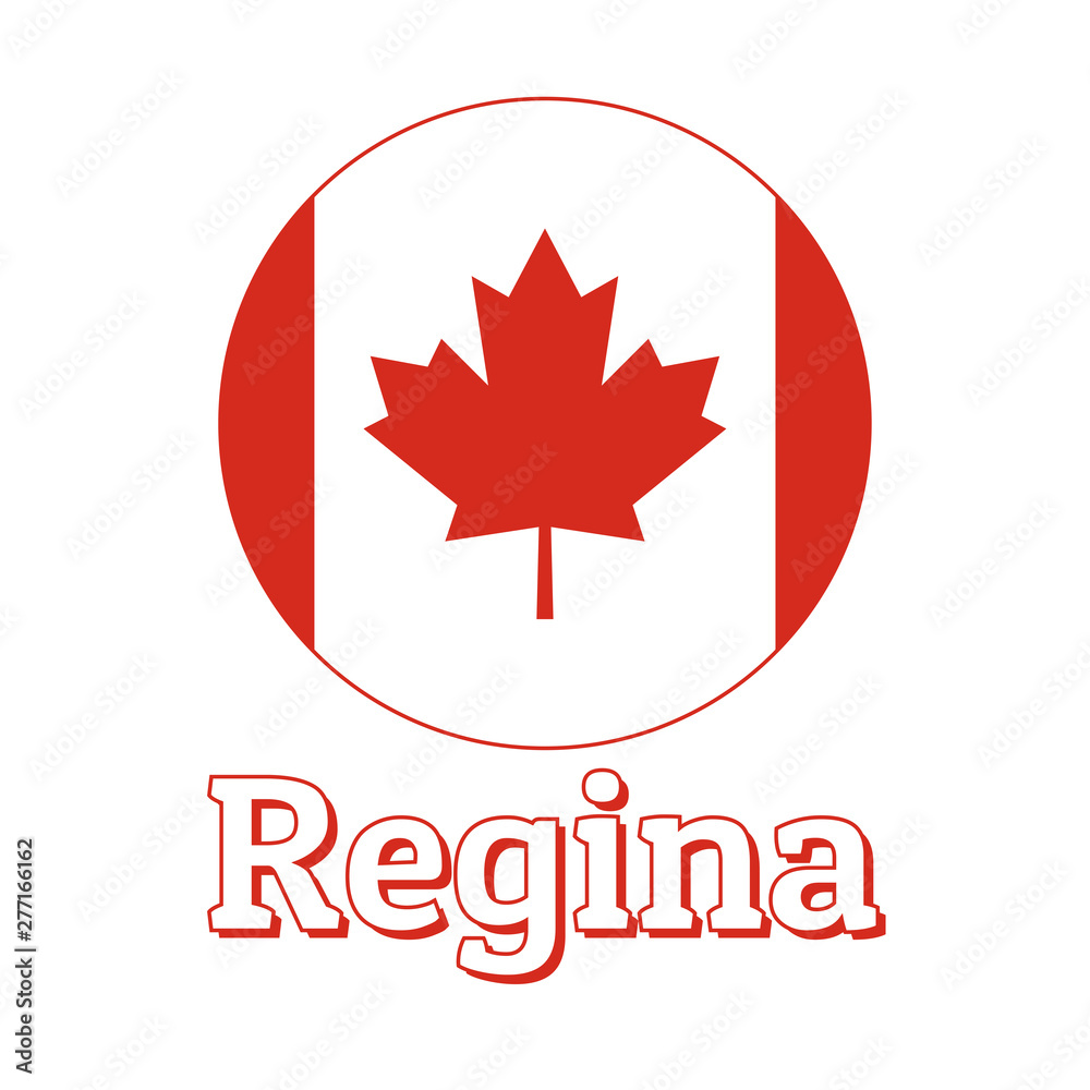Round button Icon of national flag of Canada with red maple leaf on the white background and lettering of city name Regina. Inscription for logo, banner, t-shirt print. Vector illustration. Round button Icon of national flag of Canada with red maple leaf on the white background and lettering of city name Regina. Inscription for logo, banner, t-shirt print. Vector illustration.