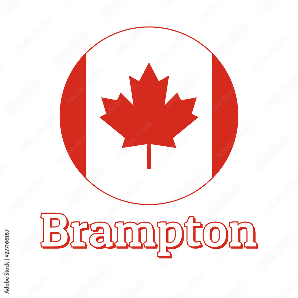 Round button Icon of national flag of Canada with red maple leaf on the white background and lettering of city name Brampton. Inscription for logo, banner, t-shirt print. Vector illustration. Round button Icon of national flag of Canada with red maple leaf on the white background and lettering of city name Brampton. Inscription for logo, banner, t-shirt print. Vector illustration.
