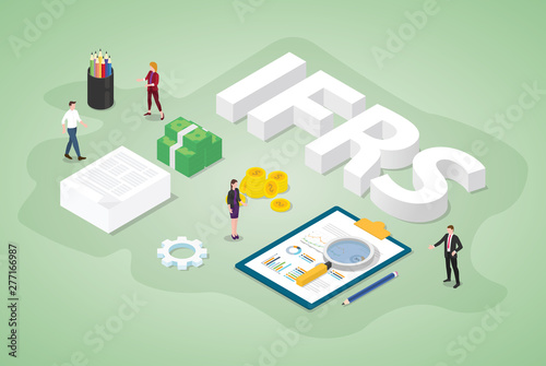 ifrs international financial reporting standards concept with team people and report document with isometric modern flat style - vector