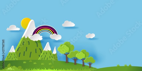 3D landspace concept design. Colorful hand crafted art. Paper cut style. Vector illustration EPS10. 