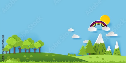 3D landspace concept design. Colorful hand crafted art. Paper cut style. Vector illustration EPS10. 