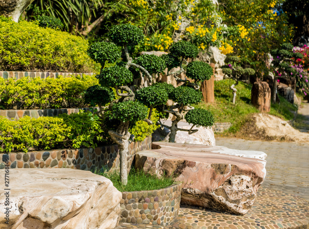 Luxury landscape design of the tropical garden. Beautiful view of tropical landscape Luxury landscape design of the tropical garden. Beautiful view of tropical landscape