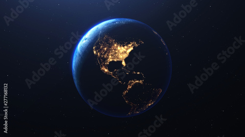 Earth planet viewed from space at night showing the lights of the United States of America USA and Latin American countries, 3d render of planet Earth, elements of this image provided by NASA