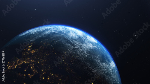 Earth planet viewed from space at night showing the lights of Europe, 3d render of planet Earth, elements of this image provided by NASA