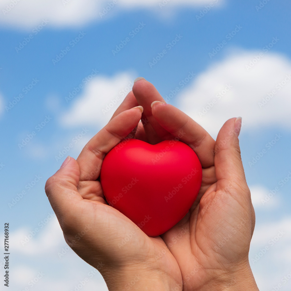 Female hands gently hold a red heart, the concept of health, life and love, against the blue sky
