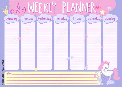 Weekly planner with cute unicorn characters in cartoon style. Kids schedule d...