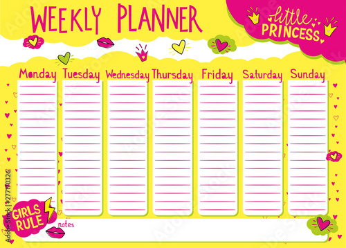 Weekly planner for girls. Kids schedule design template