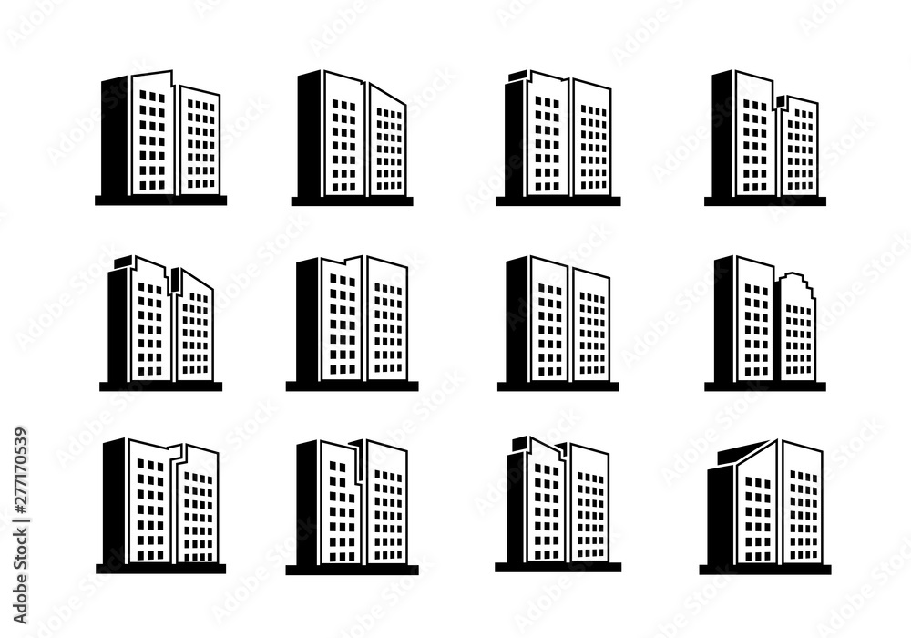 Perspective company icons and Line vector buildings set, Black office collection on white background