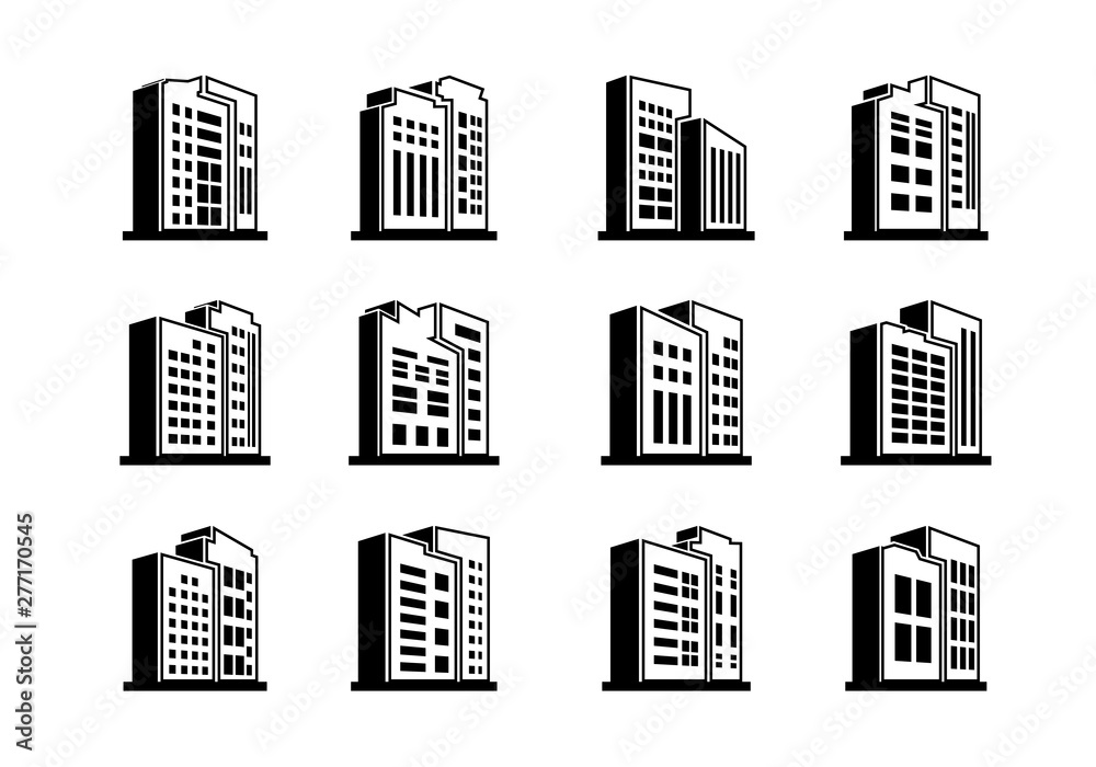 Perspective line  company icons and black vector buildings set, Isolated office collection on white background