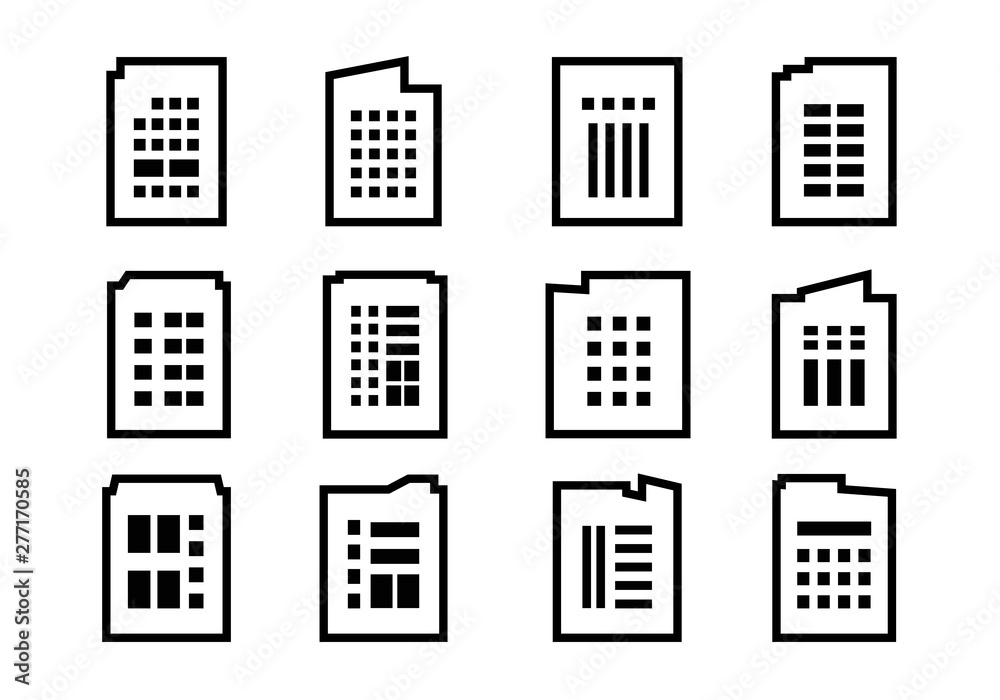 Line company icons set on white background, Black building vector collection, Isolated business illustration set Line company icons set on white background, Black building vector collection, Isolated business illustration set