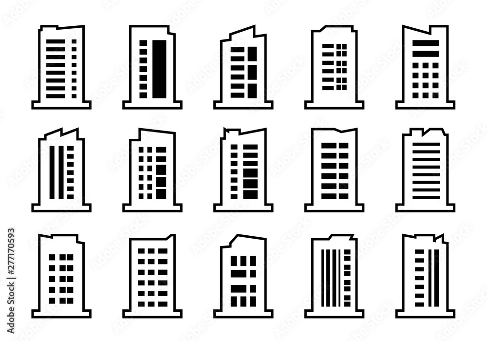 Line company icons vector set, Black building collection on white background, Isolated business illustration