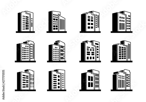 Perspective black company icons and Line vector buildings set, Isolated office collection on white background