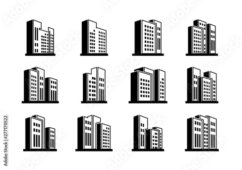 Perspective black icons buildings and Line vector company set, Isolated office collection on white background