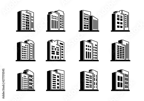 Perspective line  company icons and black vector buildings set  Isolated office collection on white background