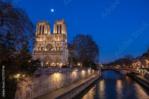 Notre Dame Cathedral in Paris at night, France