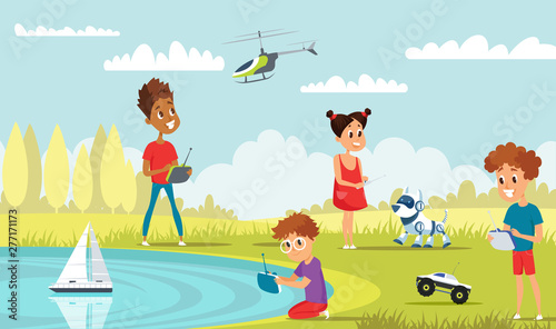 Kids play with rc toys flat vector illustration