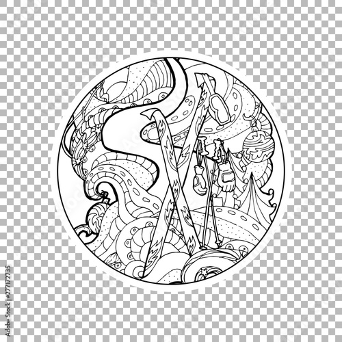 Ski Winter Sport Sticker vector linear illustration. Winter hand drawn clipart. Black and white sticker on transparent background. Christmas, New Year decoration. Coloring book isolated design element