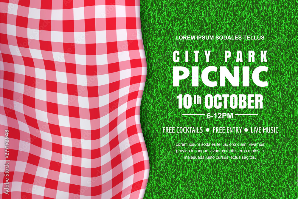 Picnic horizontal background. Vector poster or banner template with realistic red gingham plaid on green grass lawn Picnic horizontal background. Vector poster or banner template with realistic red gingham plaid on green grass lawn