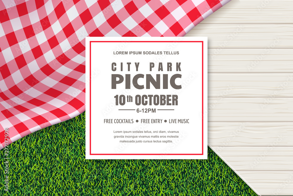 Picnic poster or banner design template. Vector background with realistic  red gingham tablecloth, wooden table and grass Stock Vector | Adobe Stock