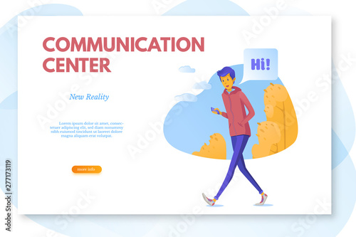 Communication center landing page layout. Teenager chatting online flat vector illustration