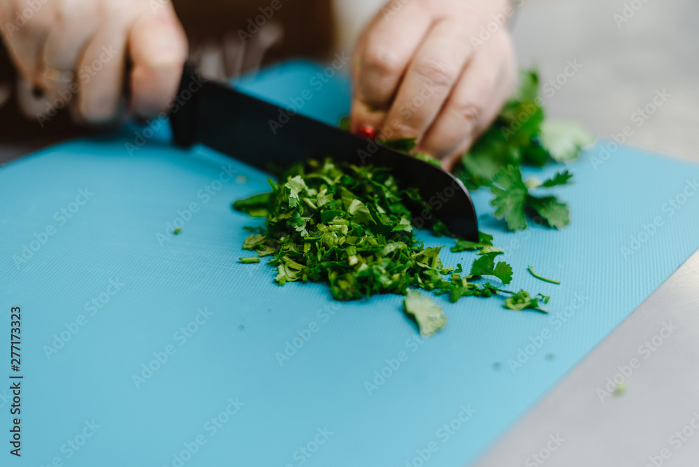 The girl cuts greens, onions, parsley and various seasonings with a knife on a cutting board. Woman cook cuts salad for cooking The girl cuts greens, onions, parsley and various seasonings with a knife on a cutting board. Woman cook cuts salad for cooking