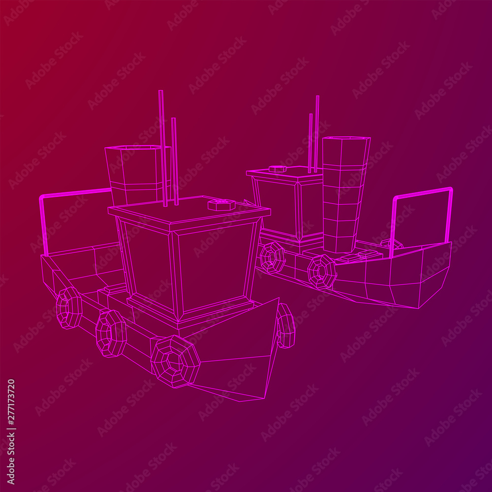 Fishing boat. Commercial fishing trawler for industrial seafood production. Vintage marine ship, sea or ocean transportation concept. Wireframe low poly mesh vector illustration