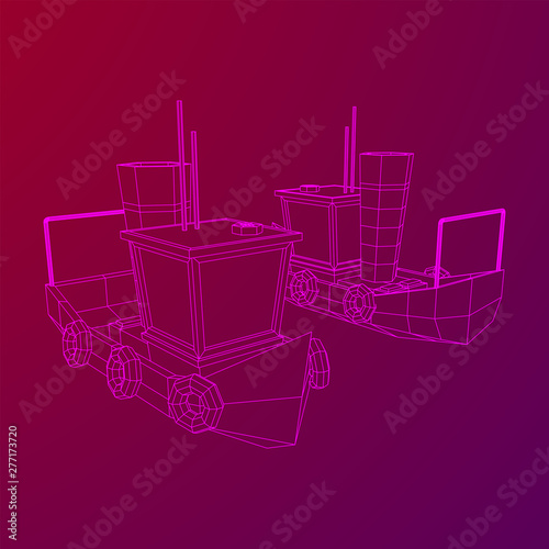 Fishing boat. Commercial fishing trawler for industrial seafood production. Vintage marine ship, sea or ocean transportation concept. Wireframe low poly mesh vector illustration