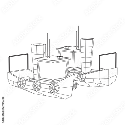 Fishing boat. Commercial fishing trawler for industrial seafood production. Vintage marine ship, sea or ocean transportation concept. Wireframe low poly mesh vector illustration