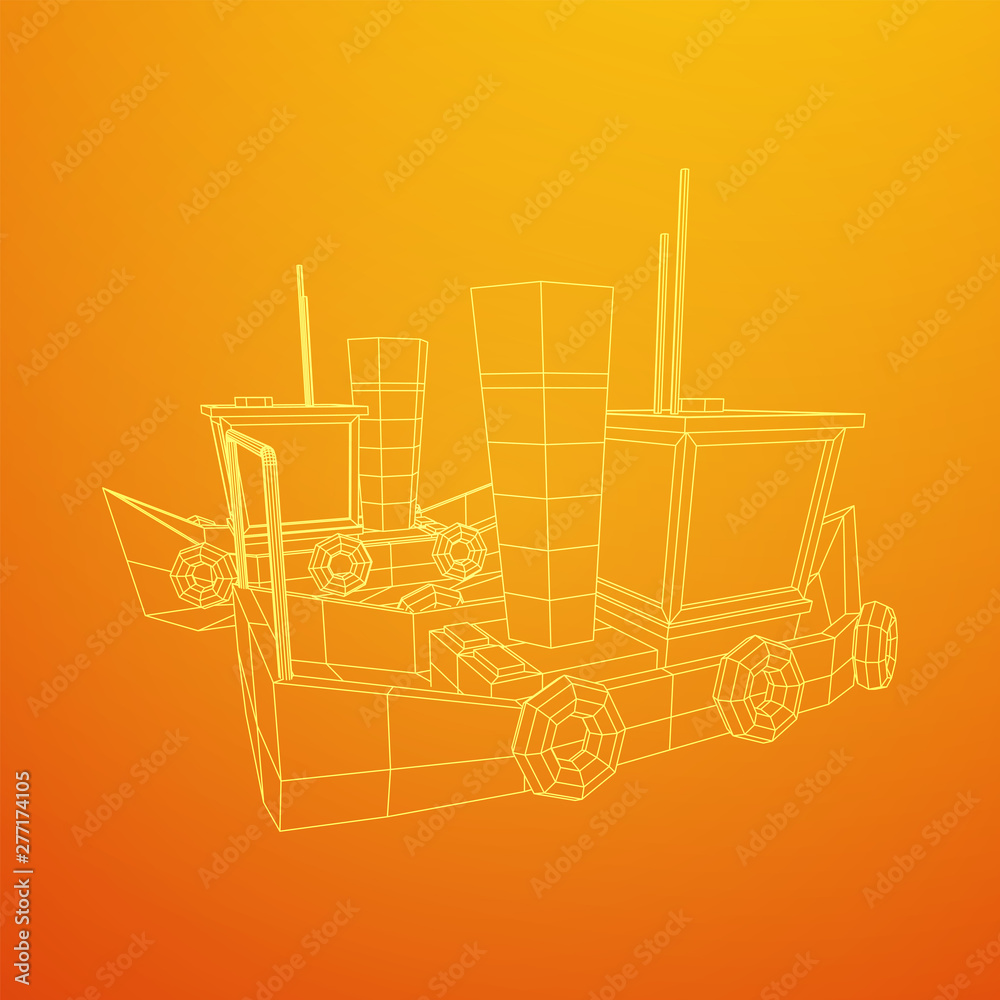Fishing boat. Commercial fishing trawler for industrial seafood production. Vintage marine ship, sea or ocean transportation concept. Wireframe low poly mesh vector illustration