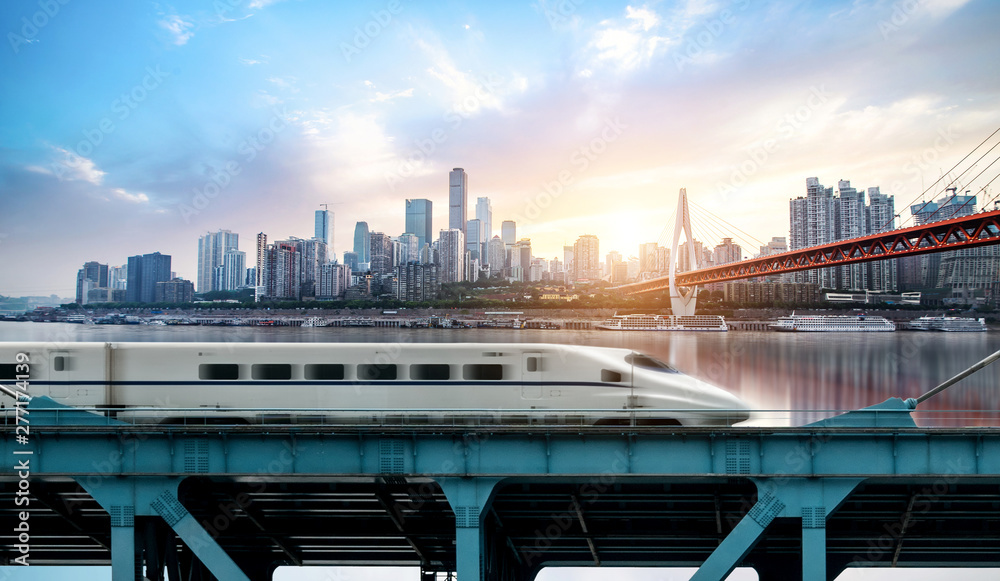 High-speed rail speeds on Bridges and the modern city skyline of chongqing, China