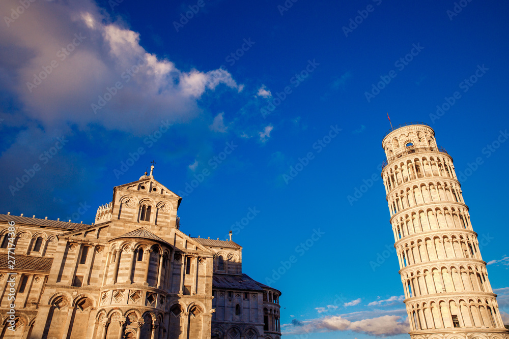 Cathedral and Leaning Tower in sunny day Pisa, Italy.